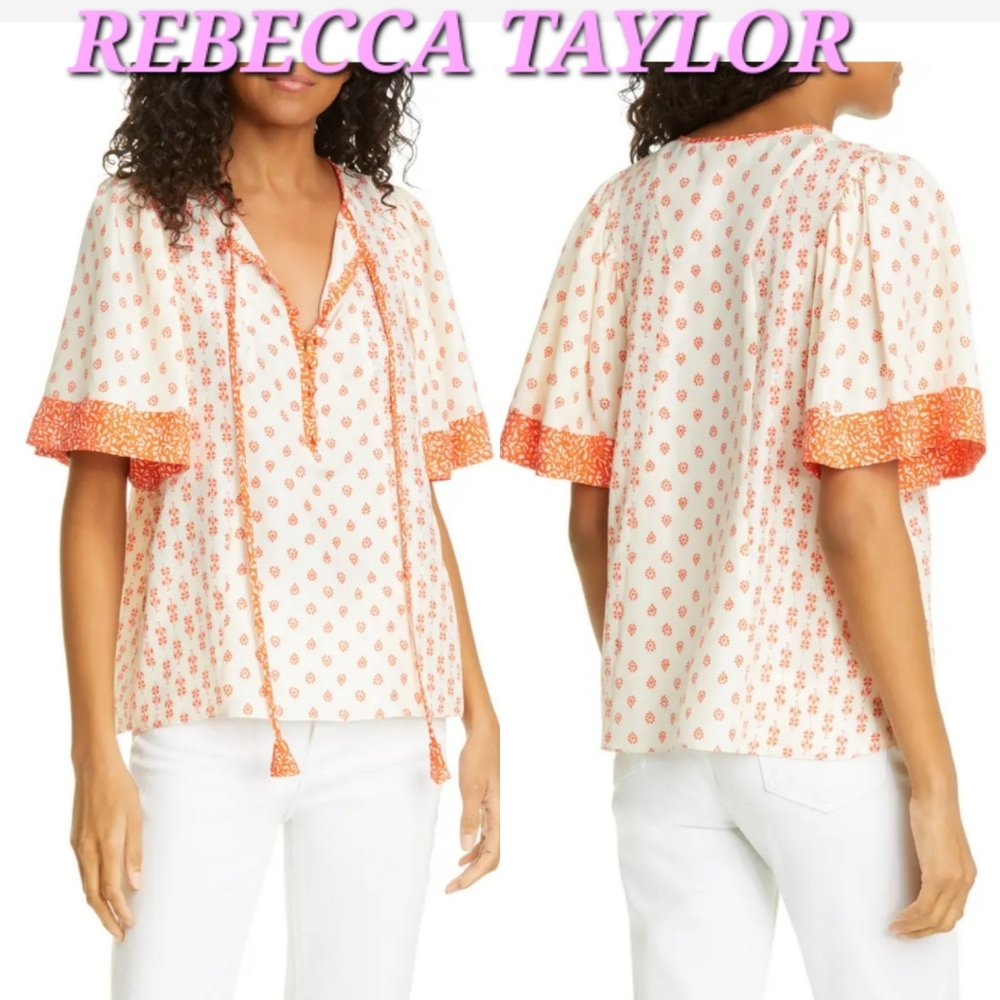 Rebecca Taylor 100% silk Lily Mix Print Short Sleeve Blouse/boho chic